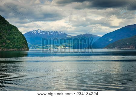Tourism Vacation And Travel. Mountains Landscape And Fjord In Norway Scandinavia Europe. Norddalsfjo
