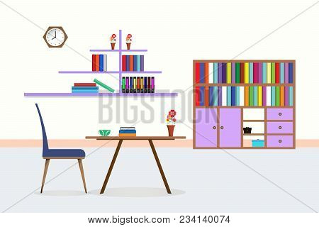 Living Room Interior Library With Table Chair Bookcase Shelf Coffee Cup Flower Vase Clock. Design Ve