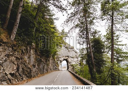 Beautiful Mountain Road With Tunnel In Rock, Peille, France