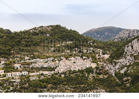 Aerial View Of Beautiful Small Town In Mountains, Peille, France