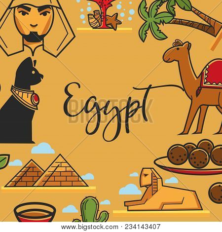 Egypt Travel Poster Of Egyptian Landmark Symbols And Famous Sightseeing Attractions. Vector Egyptian