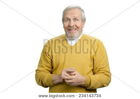 Excited Happy Old Senior Man Portrait. White Isolated Background.