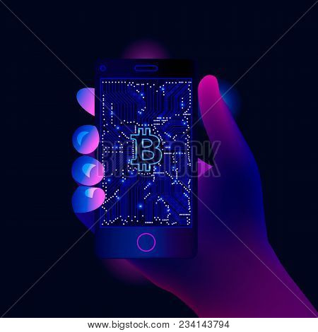 Mobile Bitcoin Payment Concept. Trendy Banking. Cryptocurrency Technology. Bitcoin Exchange, Mining.