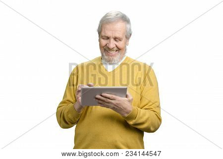 Old Grandpa Using Tablet. Senior Man In Sweater. White Isolated Background.