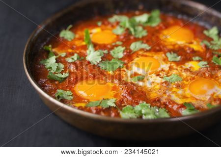 Close Up Of Rustic Middle Eastern Shakshuka Breakfast