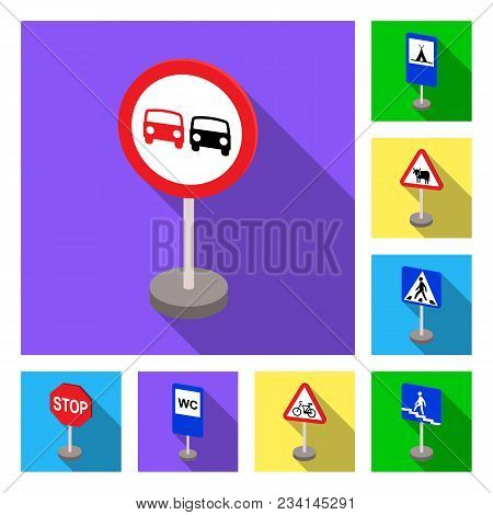 Different Types Of Road Signs Flat Icons In Set Collection For Design. Warning And Prohibition Signs