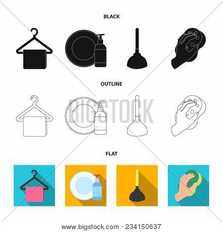 Cleaning And Maid Black, Flat, Outline Icons In Set Collection For Design. Equipment For Cleaning Ve