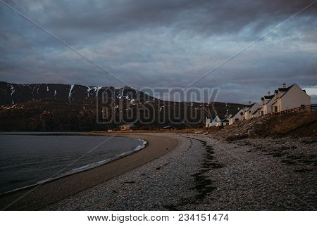 View Of Ardmair Beach, Scotland, At Dusk.