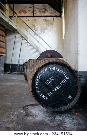 Brora, Scotland - March 22, 2018: Barrel Of Clynelish Whiskey Inside Brora Distillery, Scotland. The