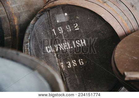 Brora, Scotland - March 22, 2018: Barrel Of Clynelish Whiskey Inside Brora Distillery, Scotland. The