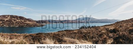 Panoramic View Of Mountains Over Kyle Rhea From Kyle Rhea Otter Hide Trail, Isle Of Skye, Scotland.