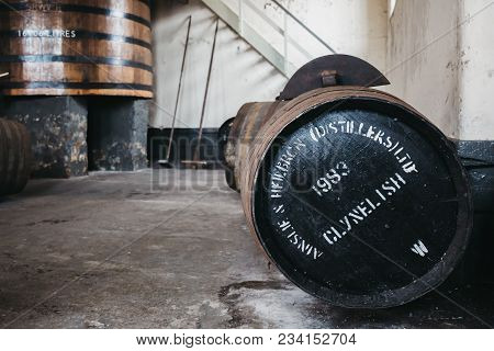 Brora, Scotland - March 22, 2018: Barrel Of Clynelish Whiskey Inside Brora Distillery, Scotland. The