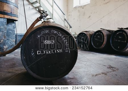 Brora, Scotland - March 22, 2018: Barrels Of Clynelish Whiskey Inside Brora Distillery, Scotland. Th