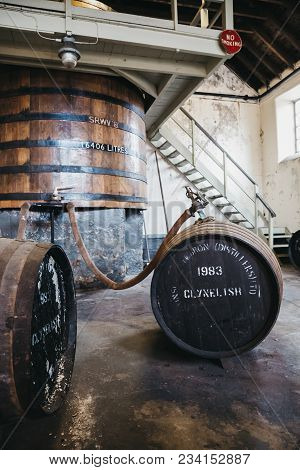 Brora, Scotland - March 22, 2018: Barrels Of Clynelish Whiskey Inside Brora Distillery, Scotland. Th