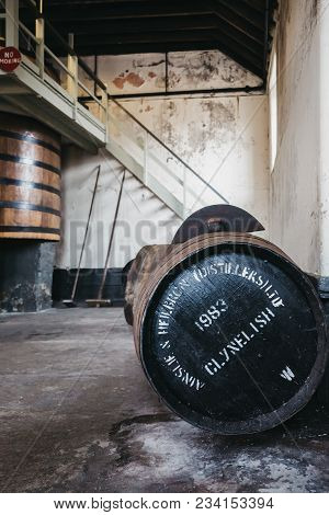 Brora, Scotland - March 22, 2018: Barrel Of Clynelish Whiskey Inside Brora Distillery, Brora, Scotla