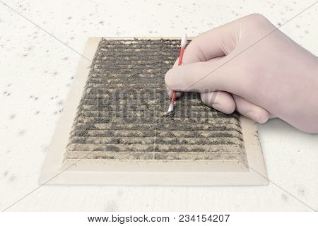 Person Gloved Check Ventilation In The Dirt With A Cotton Swab, Cleaning Dusty Ventilation Grilles, 