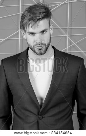 Businessman With Bearded Face, Hair, Haircut. Man In Formal Suit Jacket, Tshirt, Fashion. Mens Fashi