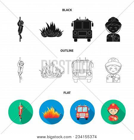 Fireman, Flame, Fire Truck. Fire Department Set Collection Icons In Black, Flat, Outline Style Vecto