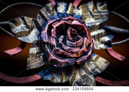 Details, Structure And Ornaments Of Forged Iron Gate. Decorative Ornamen With Roses, Made From Metal