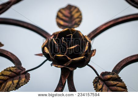 Details, Structure And Ornaments Of Forged Iron Gate. Decorative Ornamen With Roses, Made From Metal