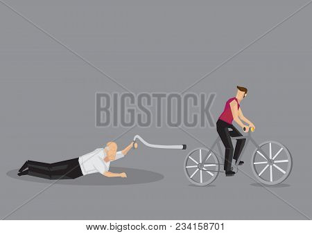 Vector Illustration Of Cartoon Old Man Fell Down On Cyclist Road Isolated On Grey Background.