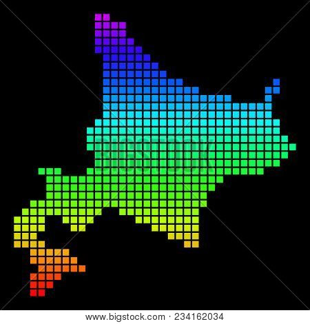 A Dot Hokkaido Island Map. Vector Geographic Map In Bright Spectrum Colors On A Black Background. Co
