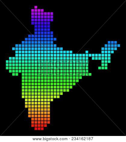 A Dot India Map. Vector Geographic Map In Bright Spectrum Colors On A Black Background. Colorful Vec