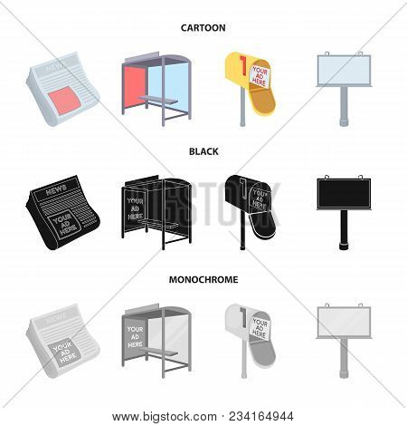Newspapers, A Bus Stop, A Mail Box, A Billboard.advertising, Set Collection Icons In Cartoon, Black,