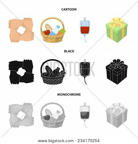 Gesture Of The Hands In Support, A Basket With Food For Charity, Donor Blood, A Gift Donation Box. C