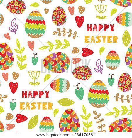 Cute Easter Seamless Pattern In Flat Style. Vector Illustration