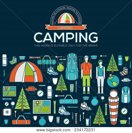 Camping Equipment Set Circle Infographics Template Concept. Icons For Your Product Or Design, Web An