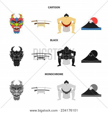 Dragon Mask, Katano, A Man Is A Sumo Player, A Fujiama Mountain.japan Set Collection Icons In Cartoo