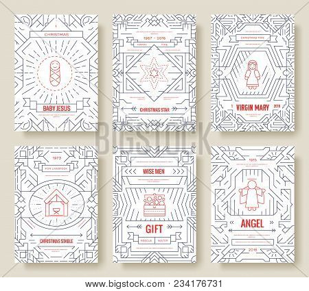 Merry Christmas  Vector Brochure Cards Set. Birth Of Christ Template Of Flyear, Magazines, Posters, 