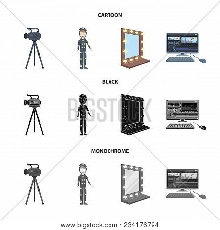 A Movie Camera, A Suit For Special Effects And Other Equipment. Making Movies Set Collection Icons I