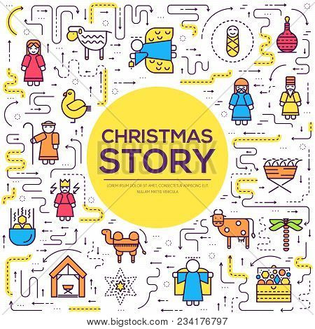 Merry Christmas Thin Line Icons Flat Set Background. Outline Birth Of Christ Illustration Background