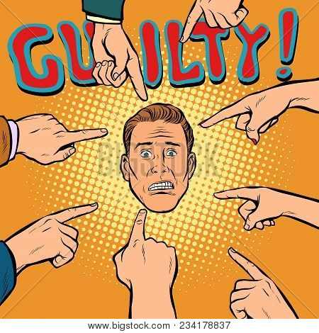 Guilty, Hands Point To The Center. Pop Art Retro Comics Cartoon Vector Illustration Kitsch Drawing