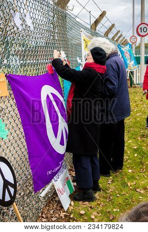 Protesters Gather Outside The Main Gate To The Awe, Aldermaston Uk