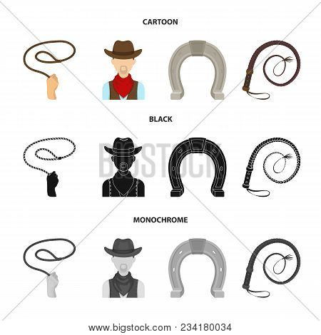 Hand Lasso, Cowboy, Horseshoe, Whip. Rodeo Set Collection Icons In Cartoon, Black, Monochrome Style 