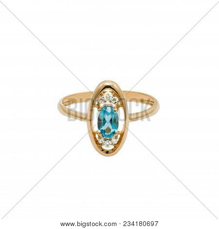 Very Beautiful Golden Ring With Blue Gem - Topaz And Few Diamonds Isolated On White Background