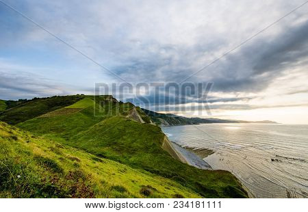 A View To Scenic Coastine Of Zumaia, Spain From A Summer Meadow With Summer Plants And Flowers.