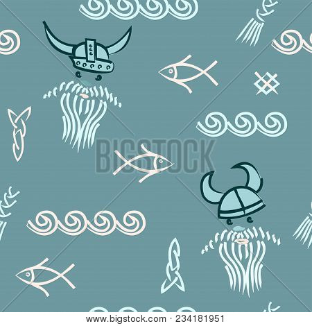 Cute Hand Drawn Seamless Pattern In Retro Scandinavian Viking Kids Style Ornamemt, Cool Baby Print. 