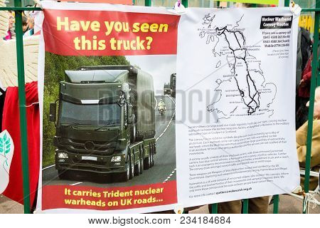 Aldermaston, United Kingdom, 1st April 2018:- Cnd Peace Banners By The Main Gate To The Awe Where Br