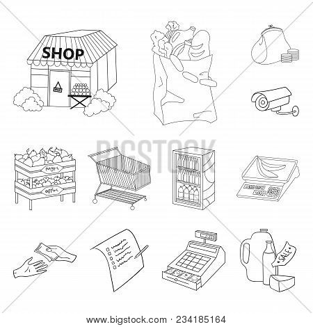 Supermarket And Equipment Outline Icons In Set Collection For Design. Purchase Of Products Vector Sy