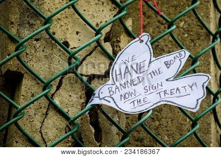 Aldermaston, United Kingdom, 1st April 2018:- Messages Left On The Fence Outside The Main Gate To Th