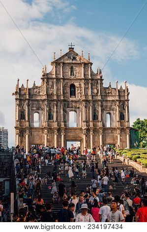 August 30, 2017. Macao/macau, China. Ruins St.paul Church With Dramatic Sun Light, Famous Landmarks 