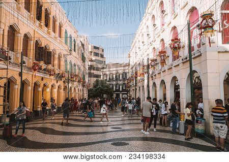 Macao, China. August 26, 2017. The Senado Square Is A Paved Town Square, A Part Of The Unesco Histor