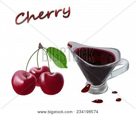 Ripe Cherries And Juice From Them In A Vessel.fruits Of Summer.