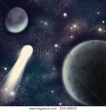 A Flying Bright Comet Among The Planets.comet And Planets.