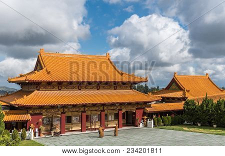 Hacienda Heights, Ca, Usa - March 23, 2018: Hall Of Bodhisattvas At Hsi Lai Buddhist Temple Under He