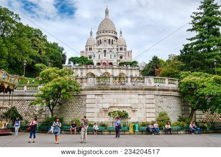 PARIS,FRANCE-JULY 31,2017 : The Basilica of the Sacred Heart on top of Montmartre Hill in Paris